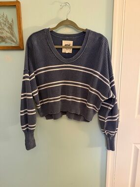 aerie Blue and White Striped Cropped Crewneck Sweater